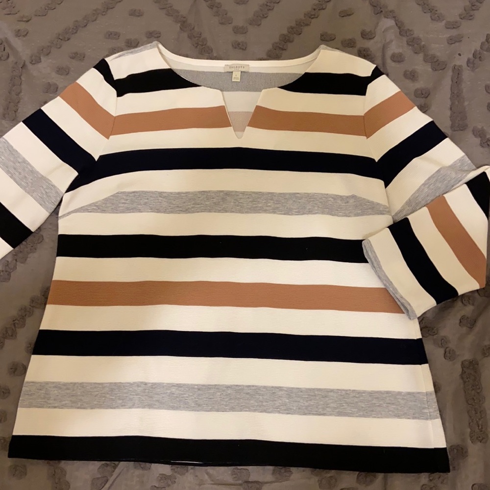 Talbots knit black & tan striped long sleeve top - Picture 4 of 8